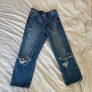 Express Blue Distressed Denim Cropped Button Fly Dad Jeans